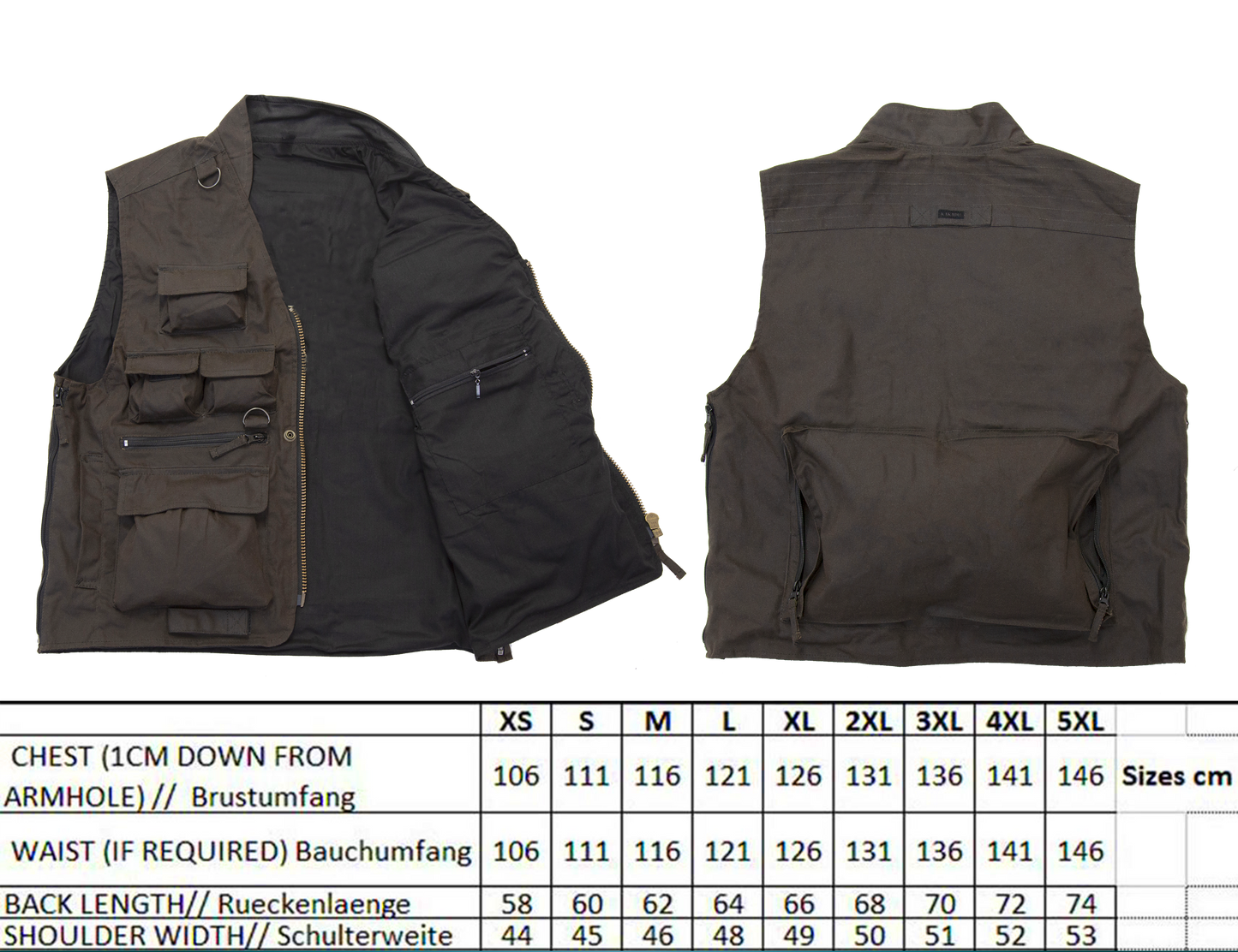 Rain-resistant outdoor vest with many bags up to size 5XL | Multifunctional with D-ring and zipper bags | brown