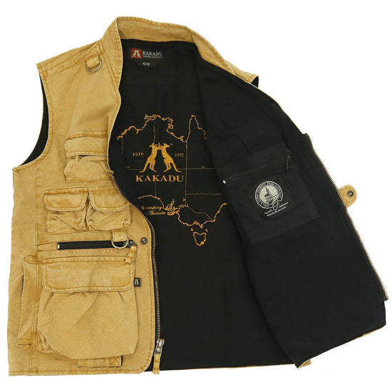 Freizeit | Outdoor | Multifunktions Weste Delta Canvas- in mustard - OUT OF AUSTRALIA | Kakadu Traders Australiafreizeitweste Hundetraining Hundeweste Jagd Jagd-Weste Jagdweste multifunktion multifunktions-Weste Multipocket outdoorweste outdoorweste Reise-Weste reiten safari-weste schwarz  Segeln survival Unisex Urlaub viele taschen