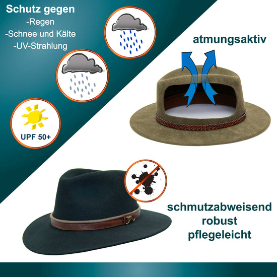 Filz-Hut Wollfilz-Hut Trekking-Hut Wander-Hut Outdoor-Hut Regen-Hut Allwetter-Hut Damen-Hut Herren-Hut Jagd-Hut Leder-Hut Stetson Akubrafilz-hut filz  forst-hut forstmeister-hut tiroler-hut tirolertrachten alm-hut wandern berge loden-hut filz-hut für oktoberfest jagdhund filz-hut filz-hut für frauen  filz-hut für männer herbstoutfit mit filz winteroutfit mit filz oktoberfest hut jagd-hut trachten-hut