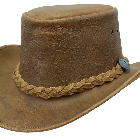 Australischer Spaniard Cowboyhut- geprägtes Vintage Leder mit formbarer Krempe - OUT OF AUSTRALIA | Kakadu Traders Australiaaustralien-hut australische-hüte cowboy-hut leder-hut känguru-hut leder-hut für männer leder-hut für frauen wetter-hut wasserabweisend hut kopfbedeckung freizeit-hut jagd Jagd-hut echter-cowboy-hut leder-hut angel-hut wander-hut